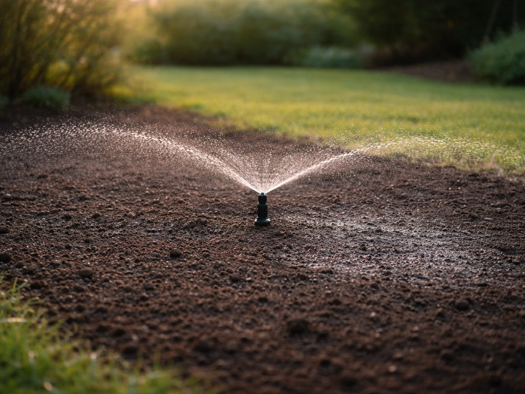 Arroseur rotatif au petit matin arrosant la terre nouvellement plantée, sans ruissellement.