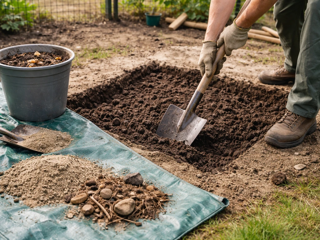 Un jardinier anonyme décaissant et préparant un carré de plantation, avec compost et sable à côté.